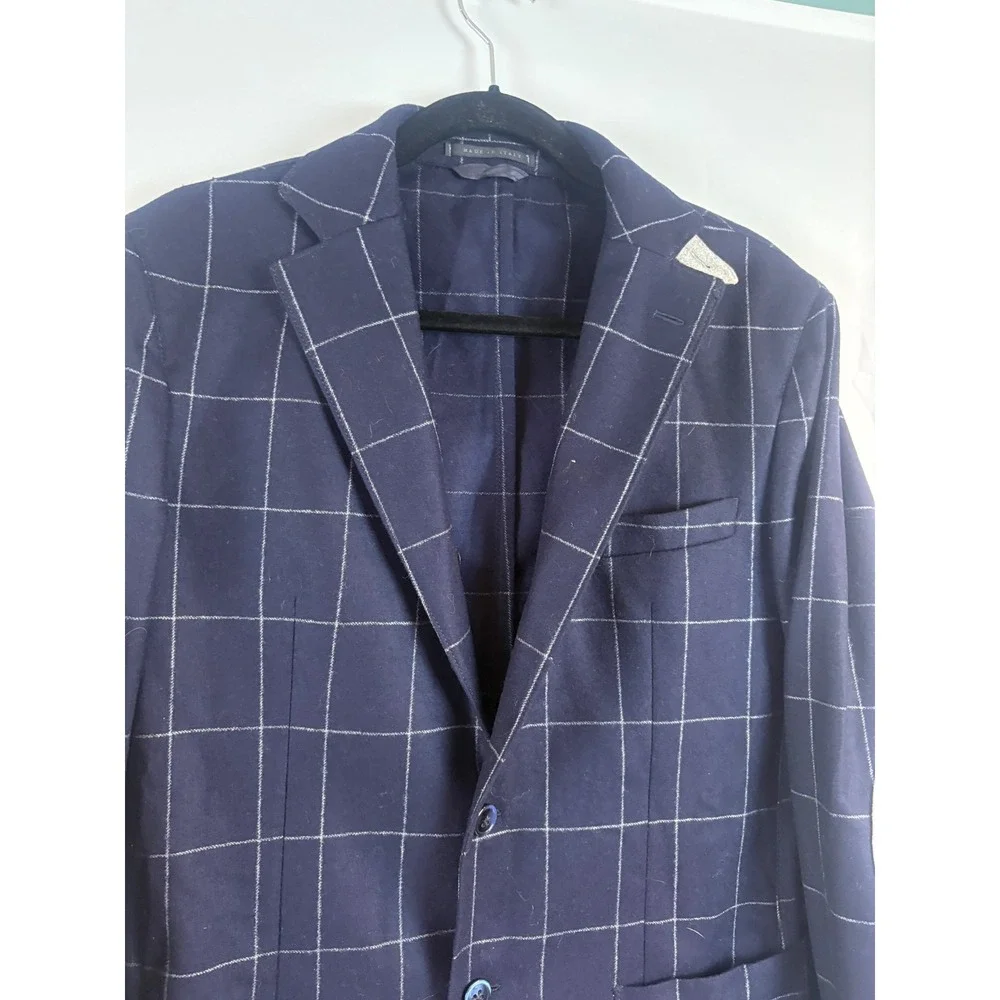 L.B.M. 1911 Italy Navy Blue Windowpane Virgin Wool Blazer Elbow Patches 52R 2892